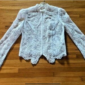 Women’s Elegant White Lace Evening Jacket with front zipper closure